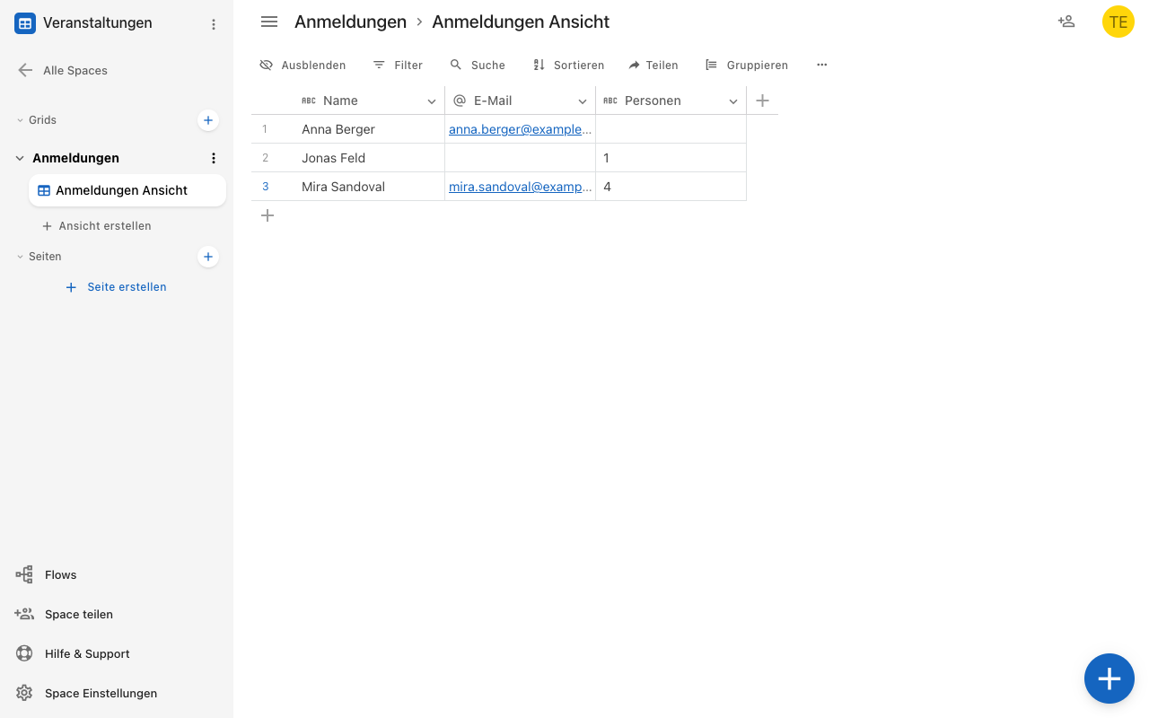 Der Grid-Bereich mit Seitenleiste, Werkzeugleiste und Tabelle
