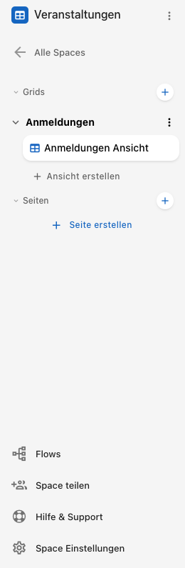 Die Seitenleiste innerhalb eines Space mit den Bereichen Grids, Seiten und Flows