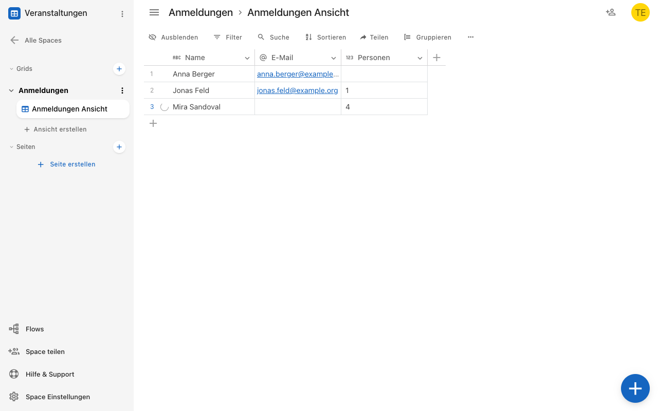 Das Grid Anmeldungen mit den Feldern Name, E-Mail und Personen