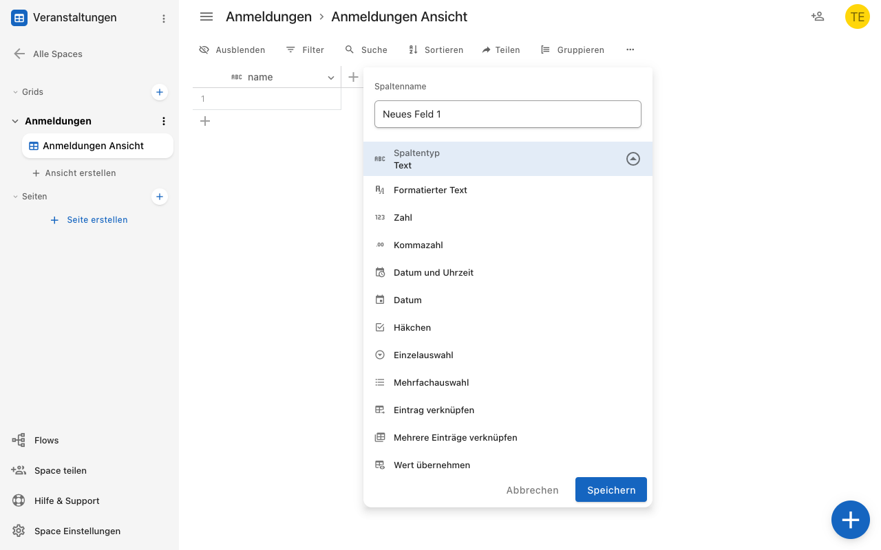 Die Auswahl des Spaltentyps beim Anlegen eines Feldes