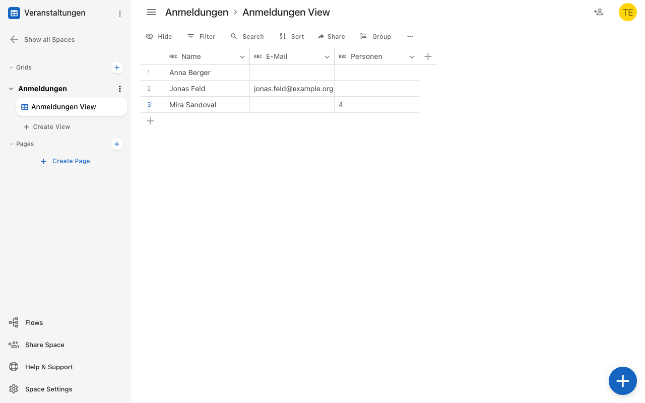 The Grid area with sidebar, toolbar, and table