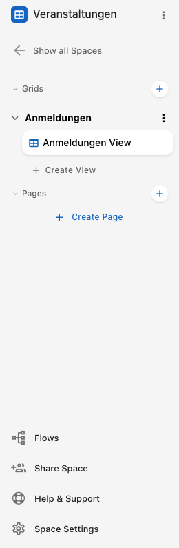 The sidebar inside a Space with the Grids, Pages, and Flows areas