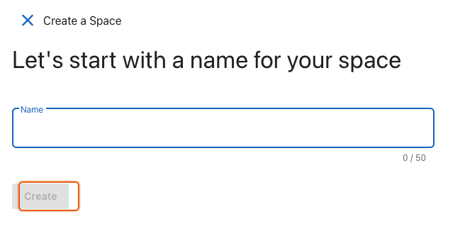 The dialog for creating a Space, with the Create button highlighted