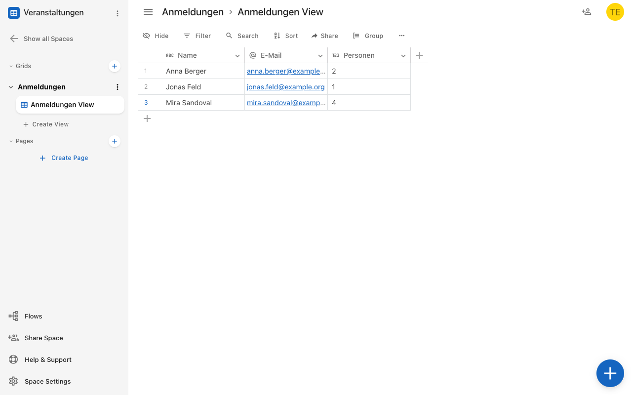 The Registrations grid with the Name, Email, and People fields