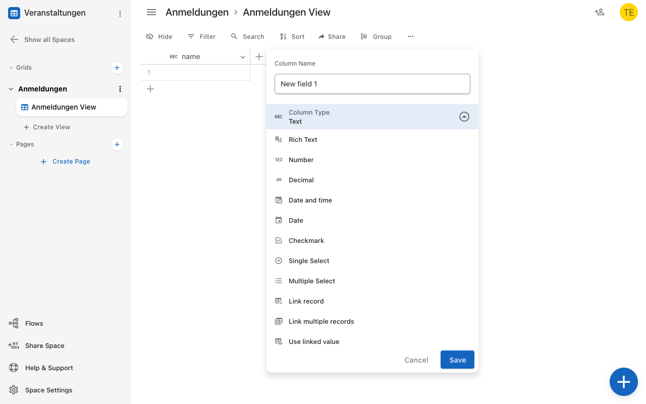 Choosing the column type when creating a field